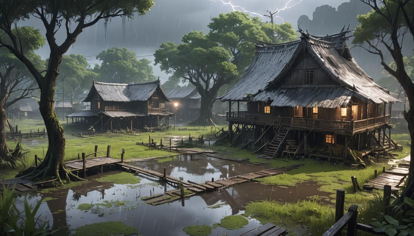 Swamp Village in Rainstorm: 3D Anime Art
