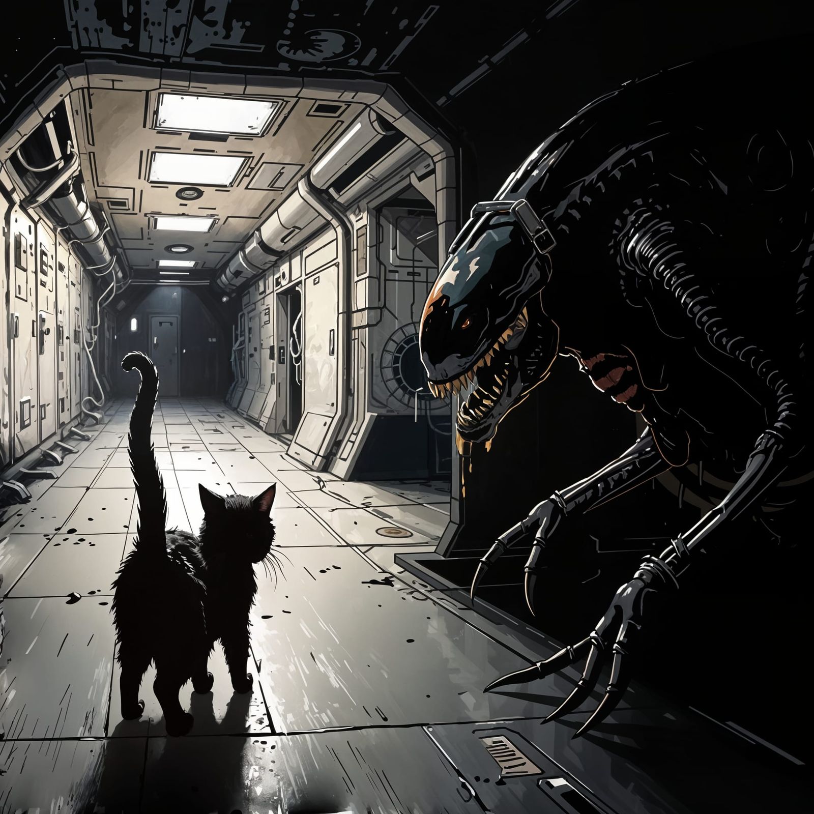 Scared Furry Cat in Space Horror Scene