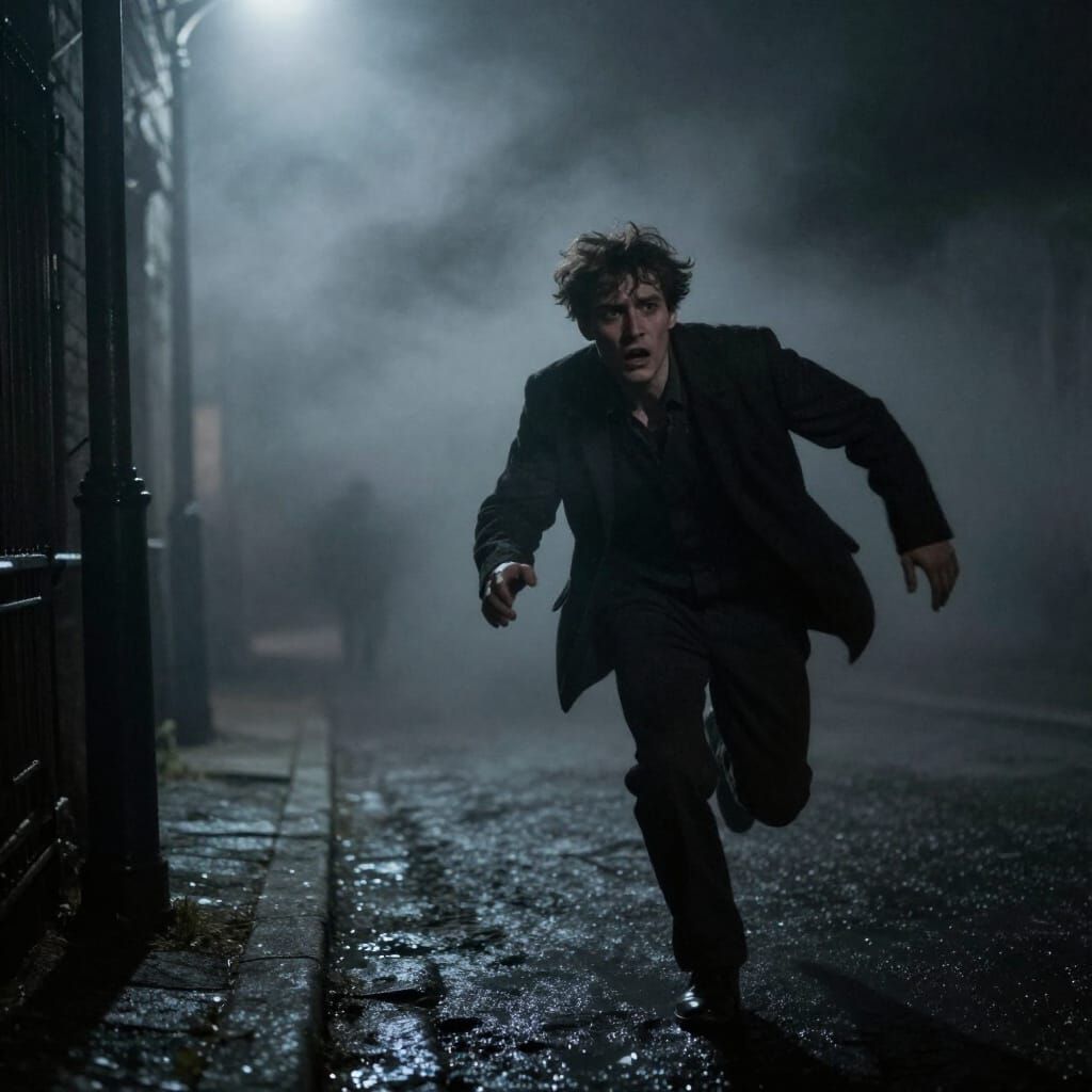 Man Flees Terror on Dark, Foggy Street at Night
