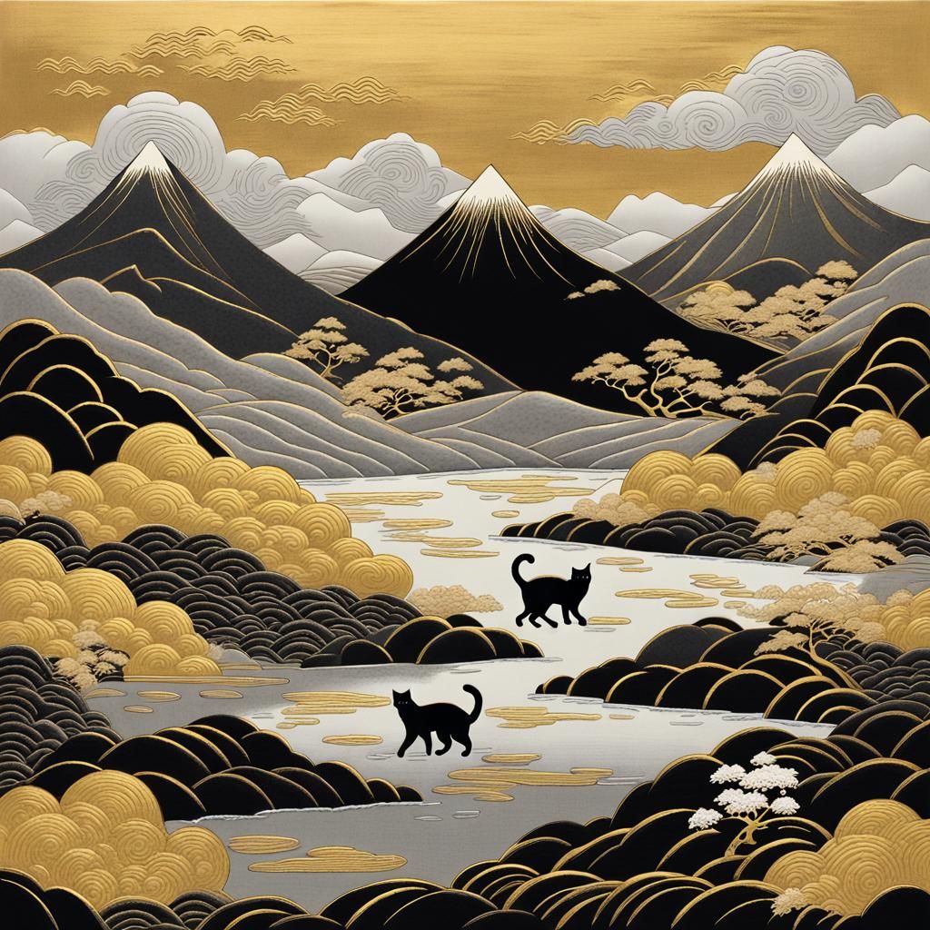Grey cat, Gold and silver foil landscape, auspicious clouds, wind, snow-covered mountains, Golden Mountains, Golden Rive...