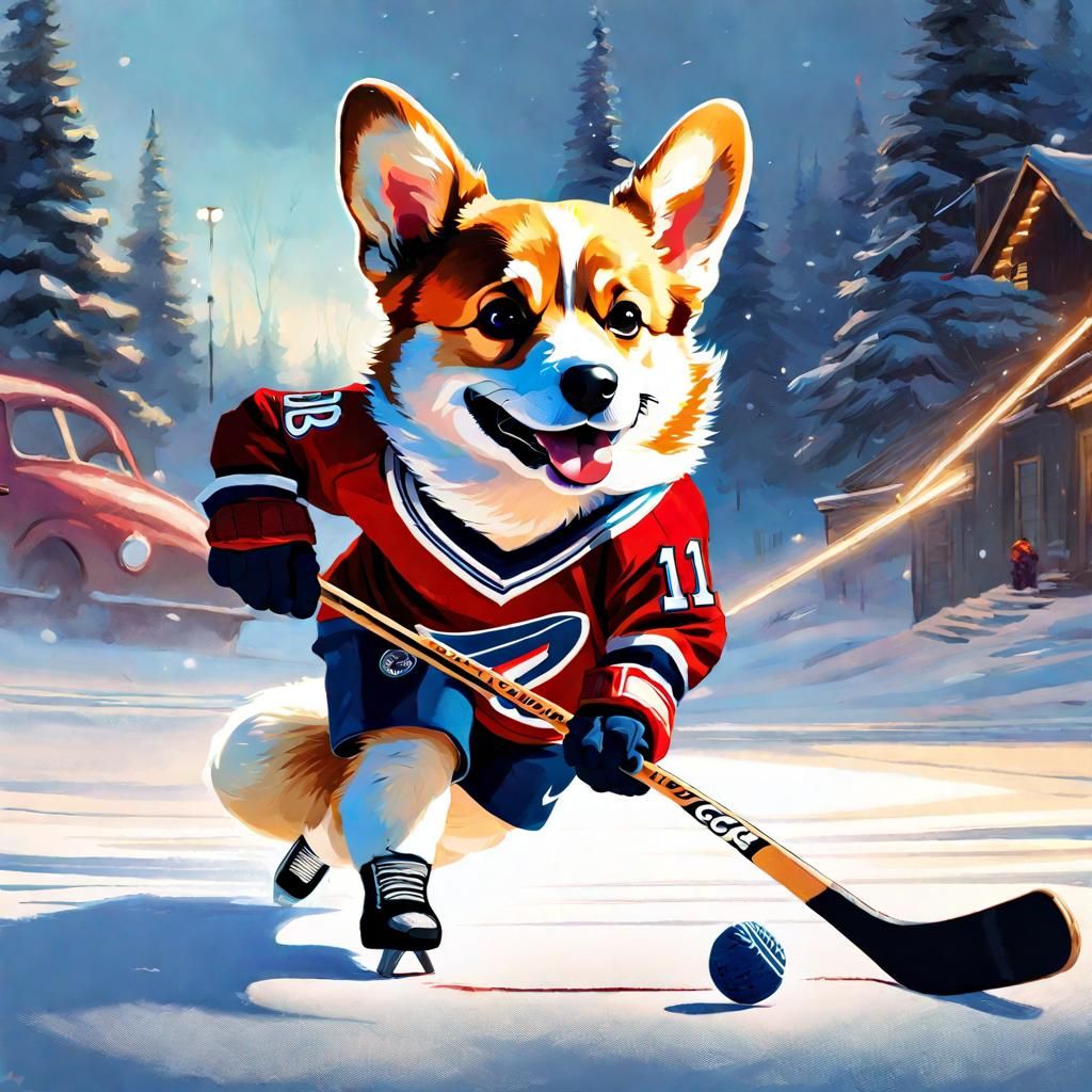 Corgi Plays Hockey: Pixar-Style Digital Portrait