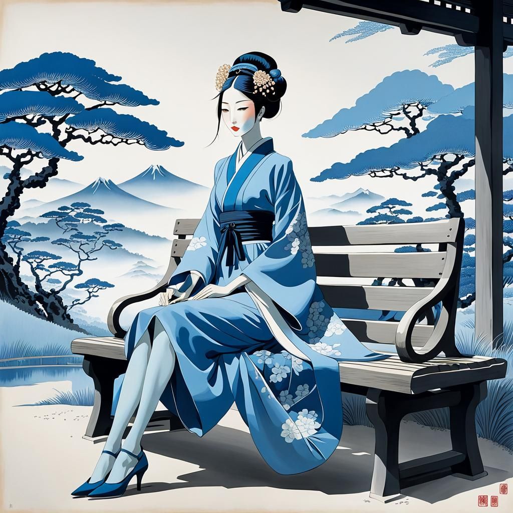 Blue Ukiyo-e Painting of a Whimsical Woman on Bench