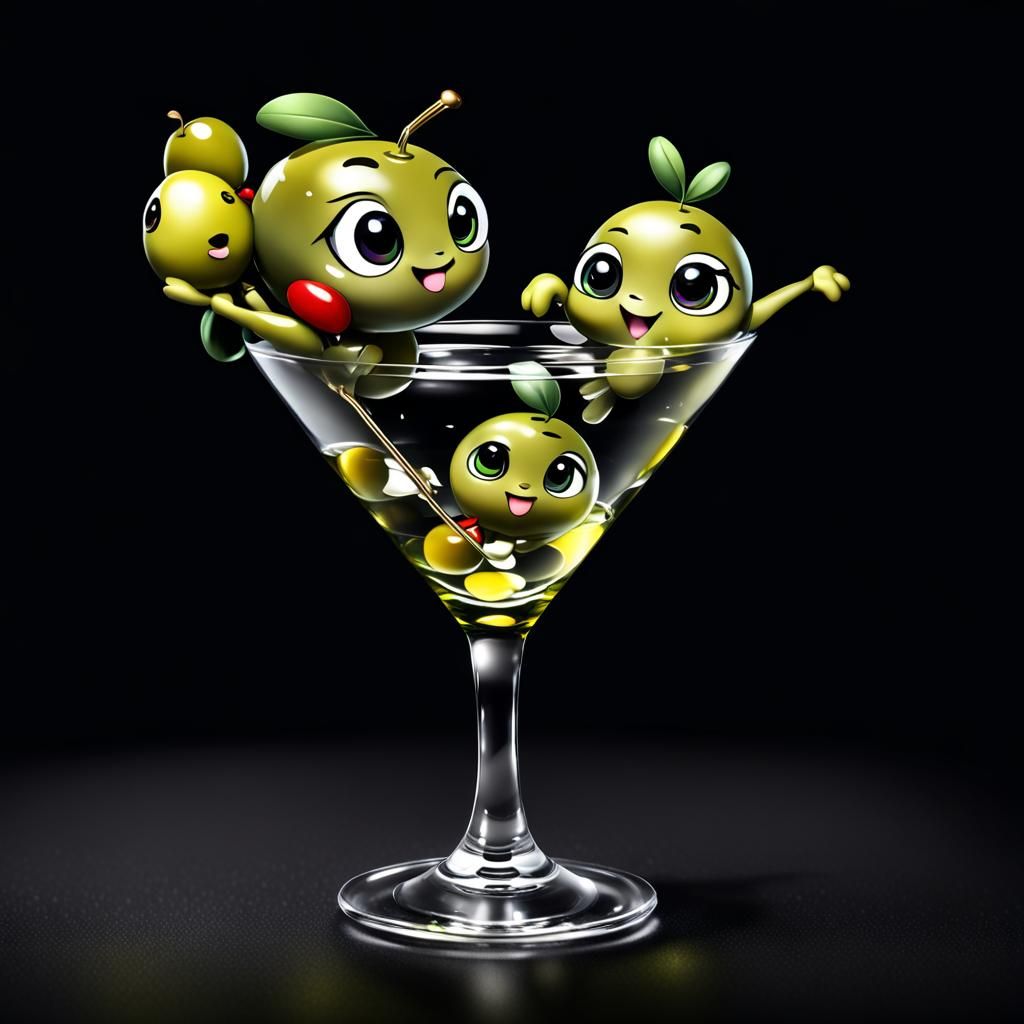Chibi Olives Dance Around a Martini Glass