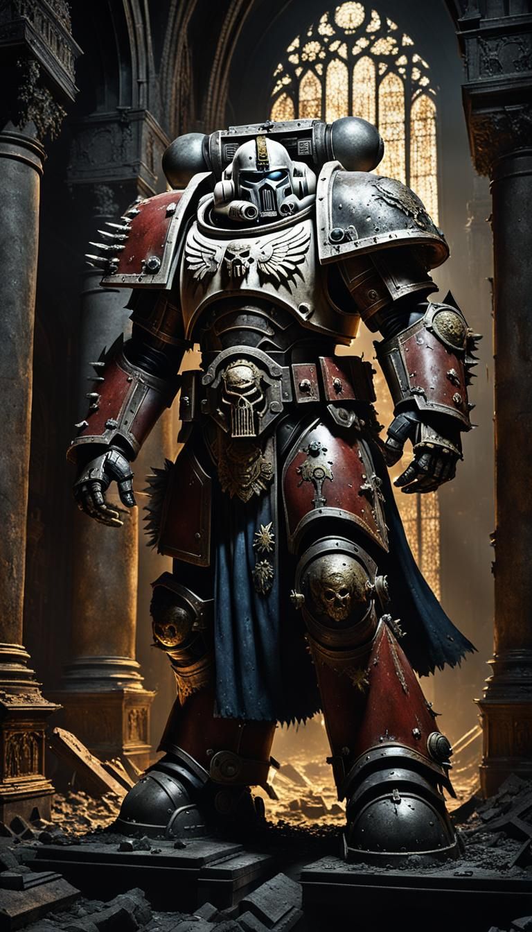 Grim Warhammer Space Marine in Gothic Cathedral