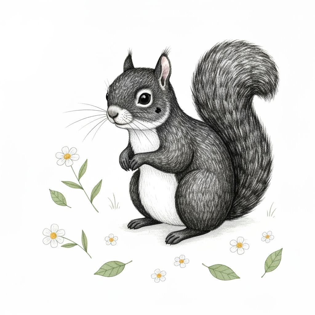 Whimsical Squirrel Portrait in Black and White Illustration