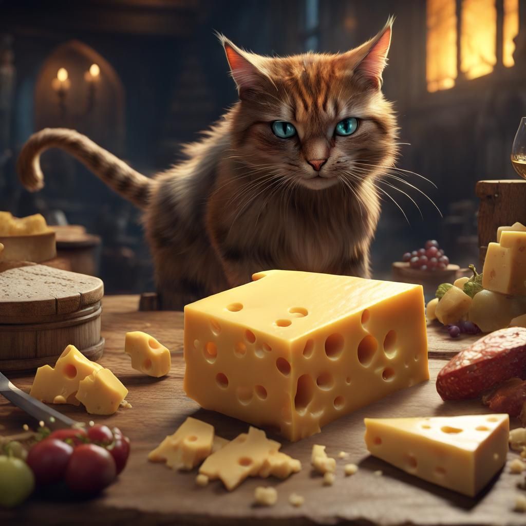 Cat Defends Cheese from Mice: Fantasy Art