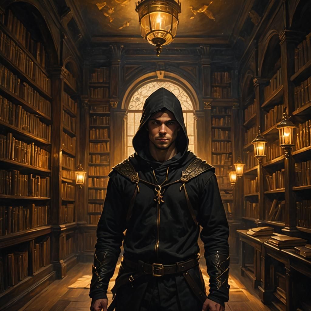 Hooded Archer in Library: Dark Academia Oil Painting