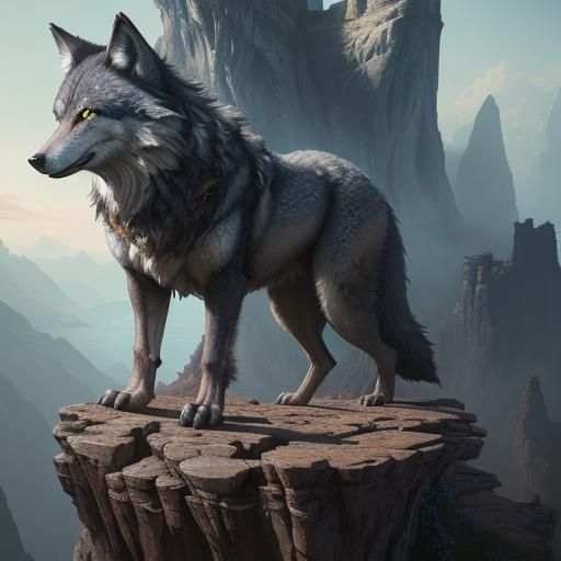 Wolf on Cliff: Detailed Matte Painting