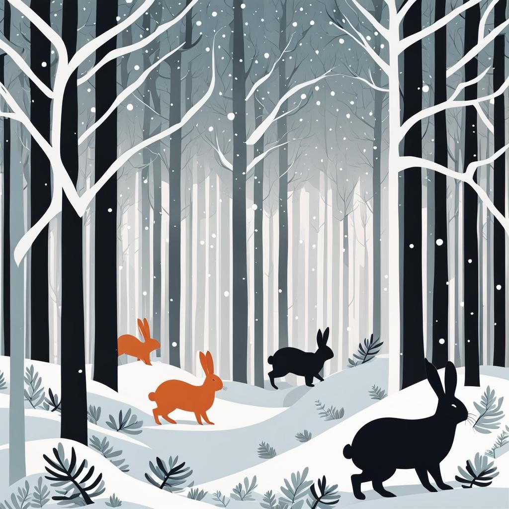 Minimalist Bunnies Frolic in Snowy Forest