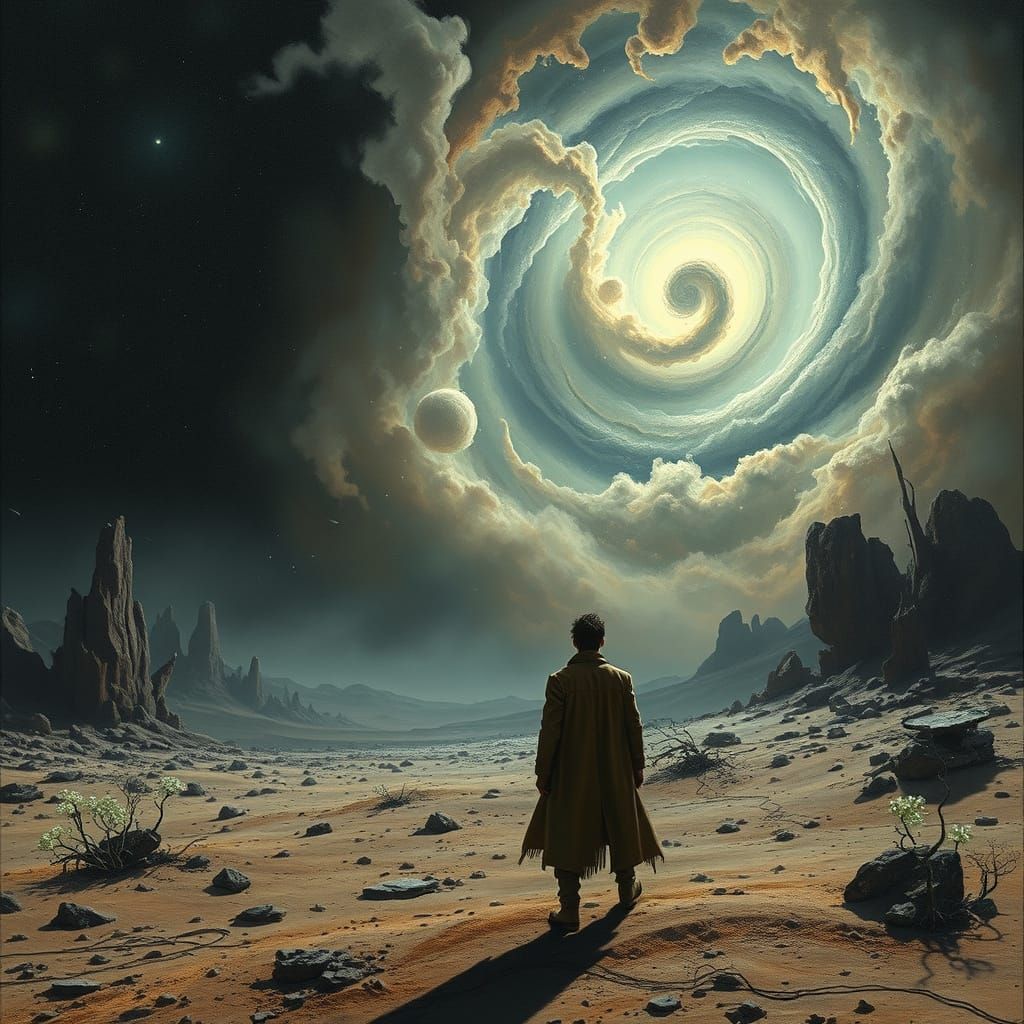 Alien Figure Gazing at Nebula in Dark Surrealism