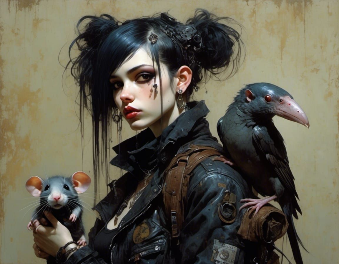 future goth with pet rat and mutant bird