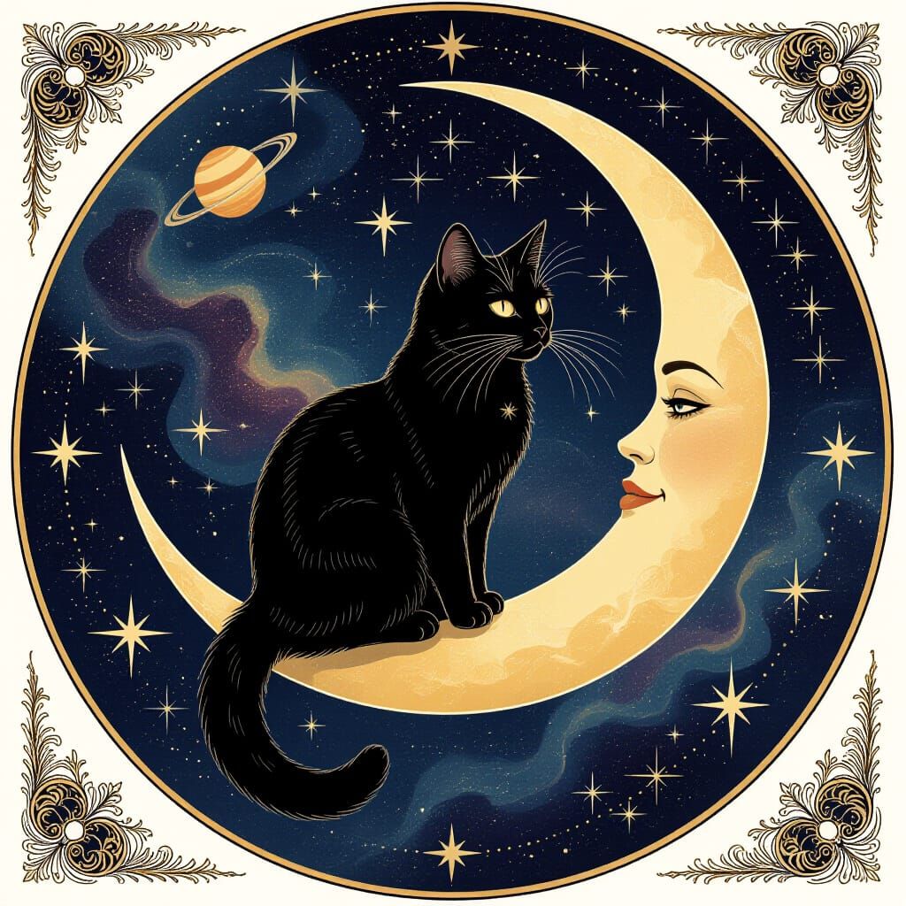 Celestial Cat on Crescent Moon in Art Nouveau Style