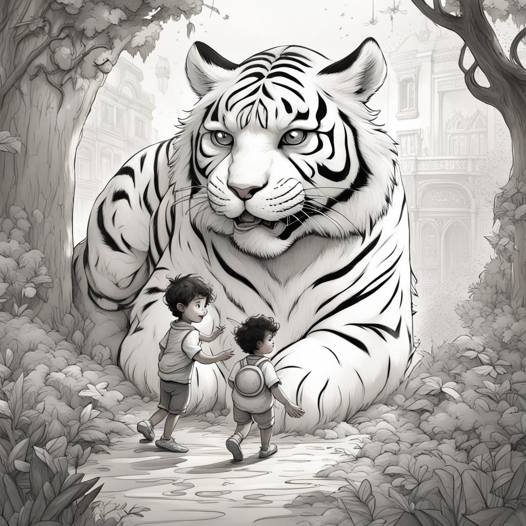Cute Child and Tiger Play in Children's Book Illustration
