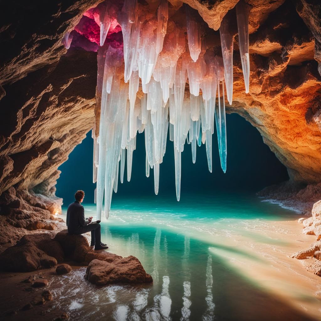 Colorful Crystal Cave with Giant Crystals and Ocean View