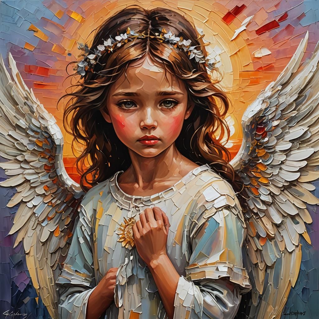 Angel's Heartache: Oil Painting of Loss at Sunset