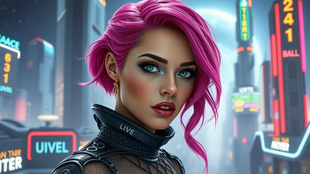 Emerald-Eyed Enigma in Neon Galaxy