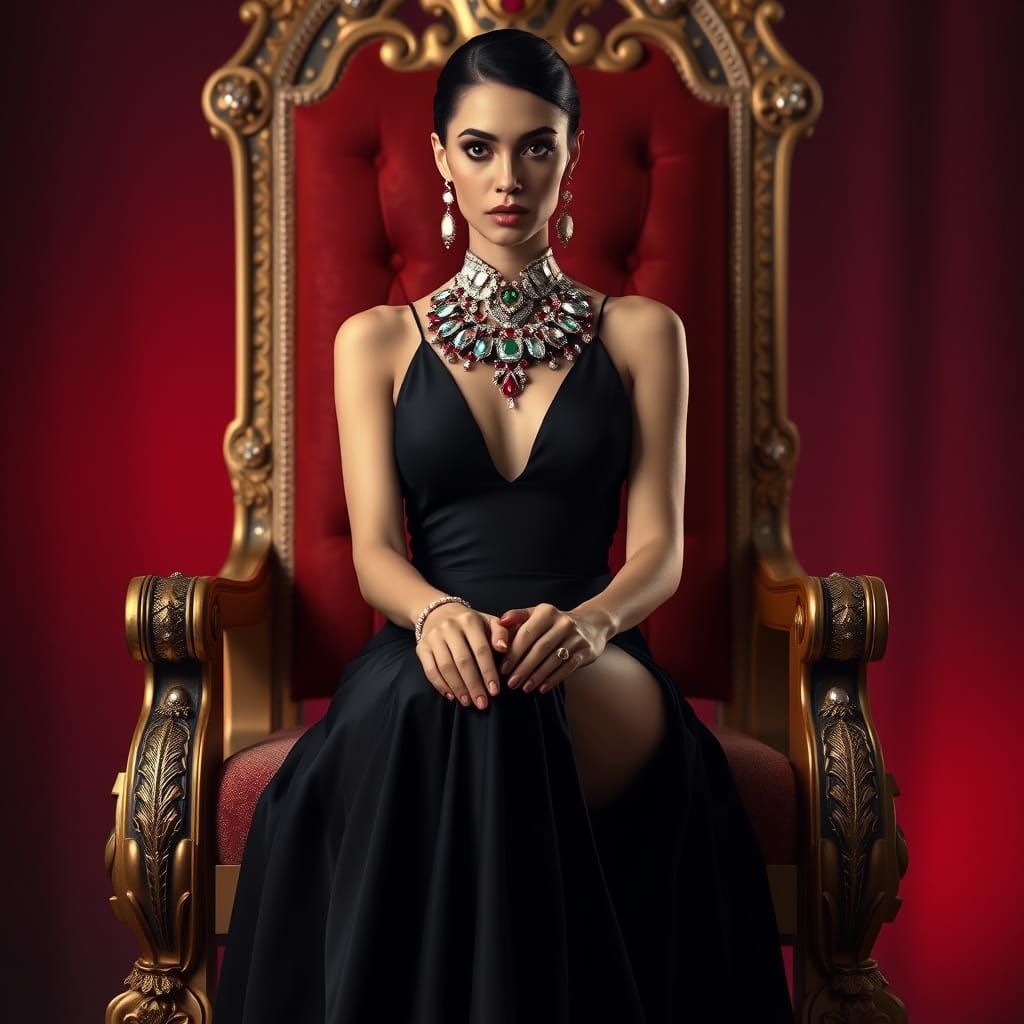Elegant Woman in Black Evening Gown with Diamonds and Rubies