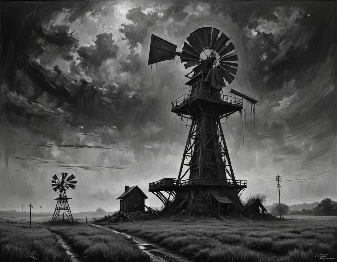 Bleeding Xenomorph Climbs Windmill: Sinister Impasto Horror