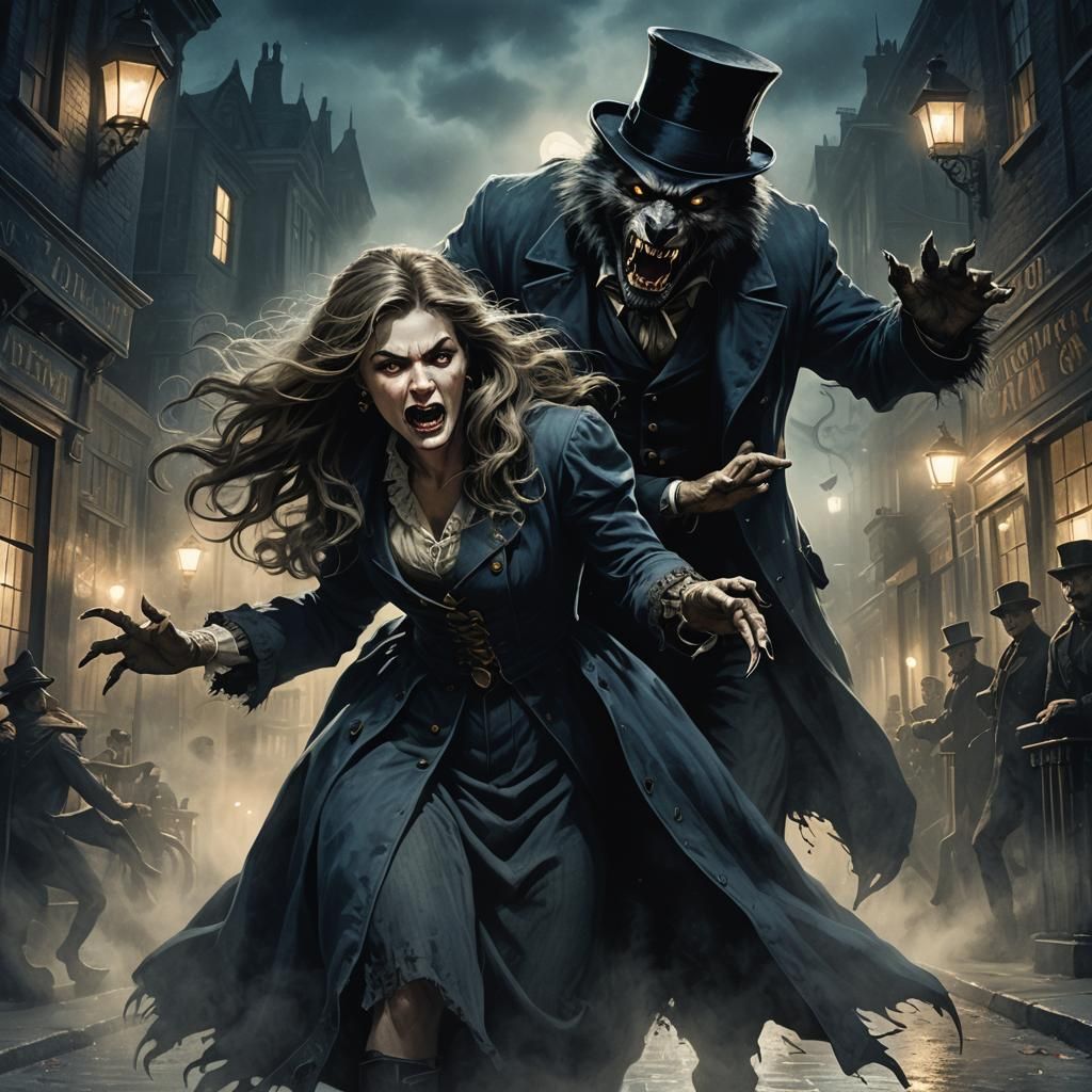 Werewolf Attacks Lady in Victorian Street, Dark Fantasy