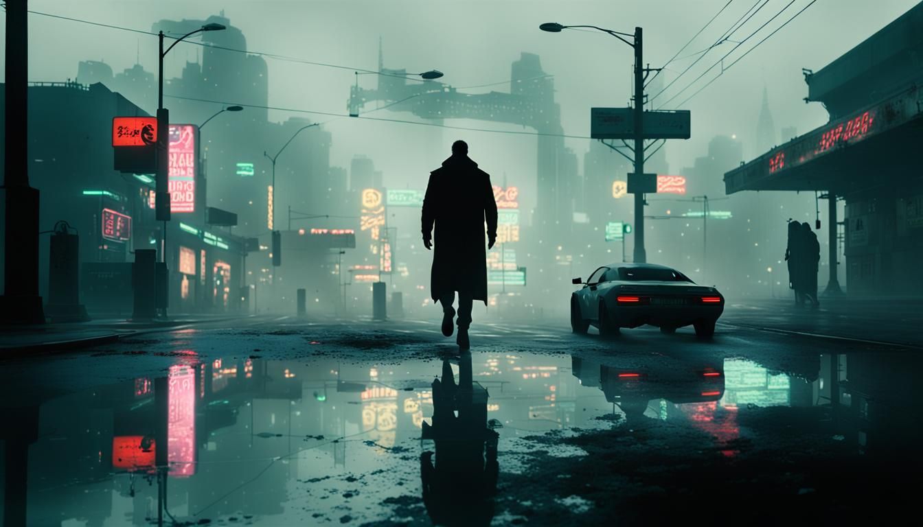 Eerie Cyberpunk Phantasms in Misty Cityscape