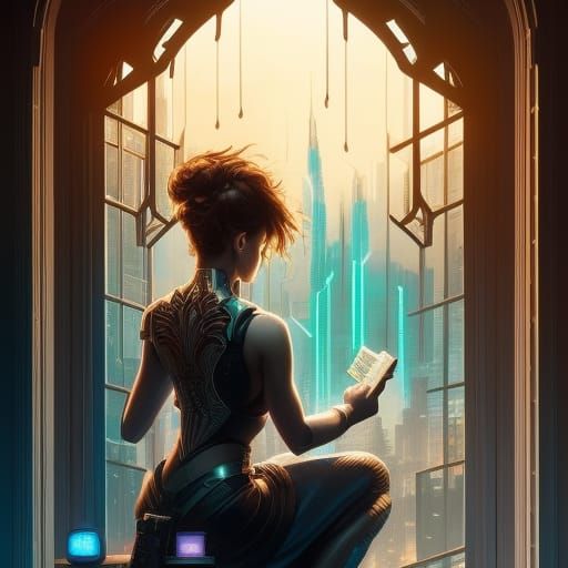 Elegant Woman Gazing at Cityscape in Cyberpunk Style