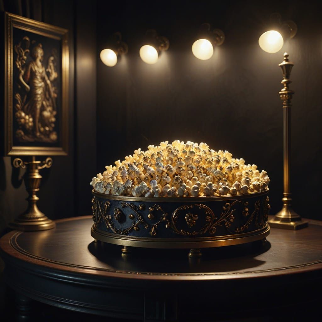Surreal Popcorn Art Installation in Dark Gallery