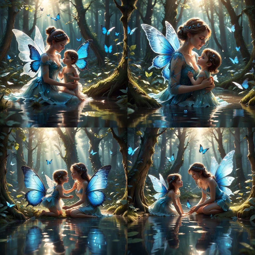 Fairy Mother Teaches Child to Fly in Enchanted Forest