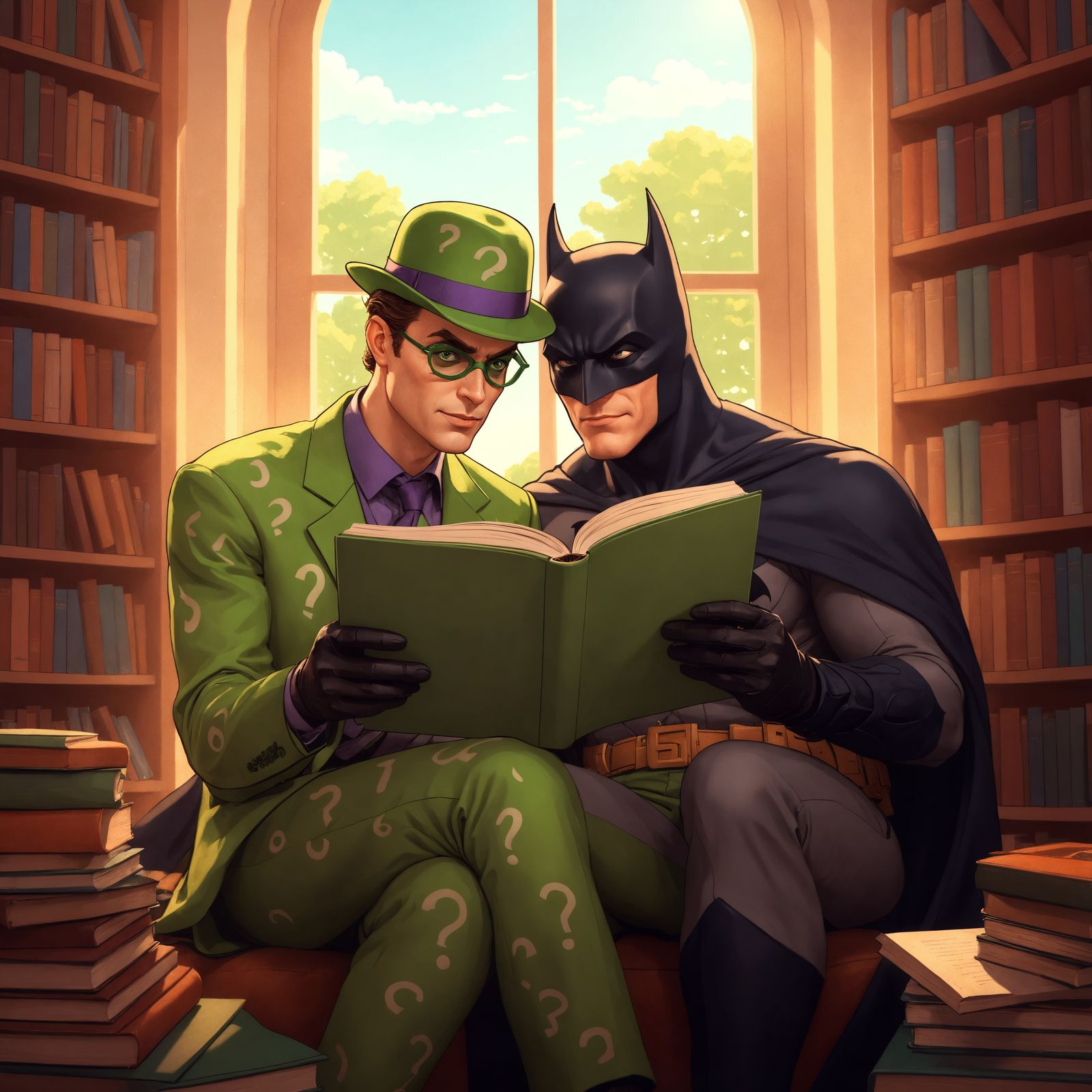 Batman and the Riddler Enjoy a Sunny Day in the Library