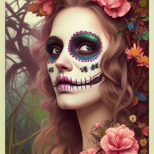 Ornate Sugar Skull Couple Portrait in Art Nouveau Style