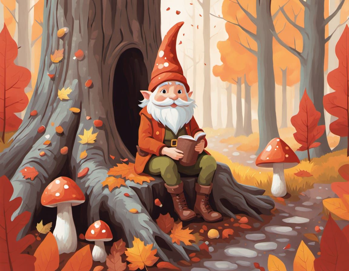 Sad Gnome in Autumn Forest Chalk Art