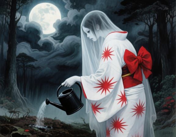 Mystical Horror Scene with Ghostly Woman in Ink and Watercol...