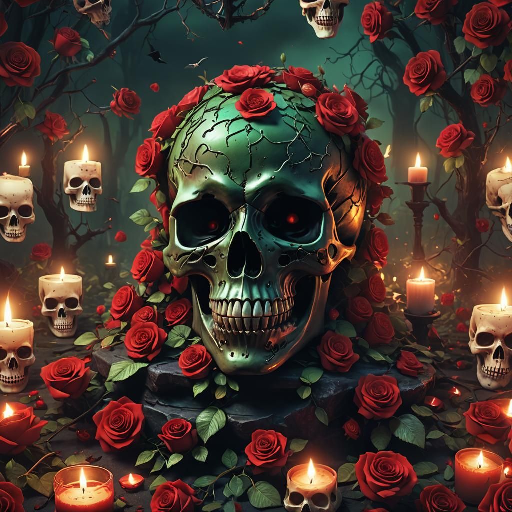 Halloween Skull Filled with Red Roses: Digital Art