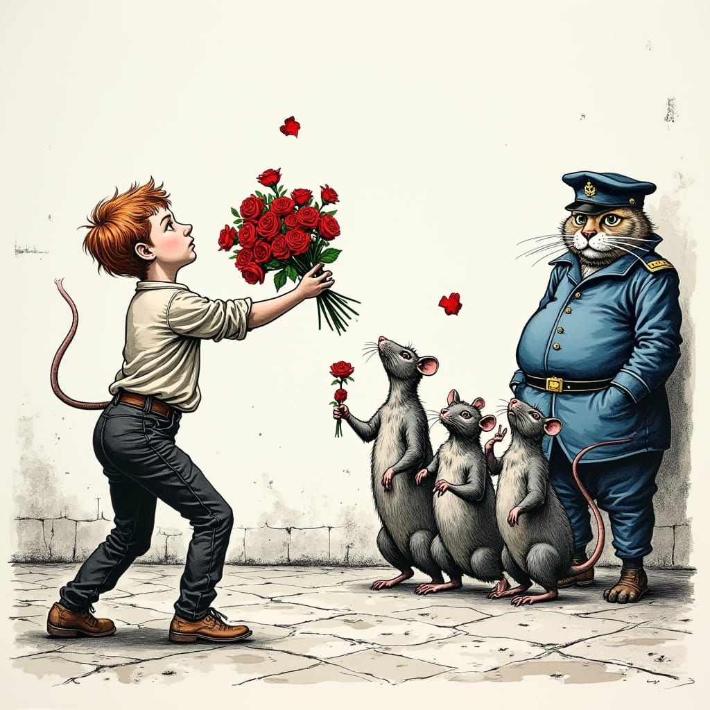 Durer Style: Boy Throws Roses at Walking Rats
