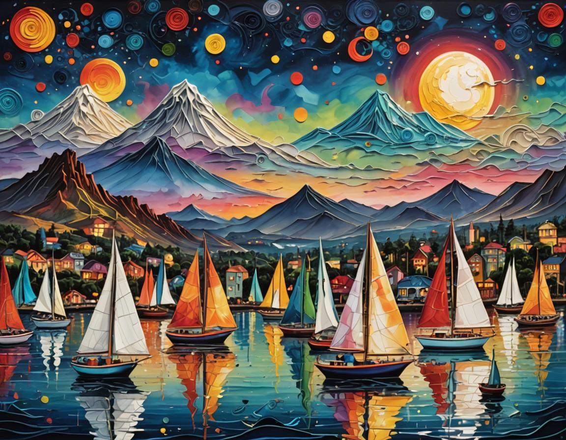 Sailboats Under Moonlight: A Vibrant Mixed Media Scene