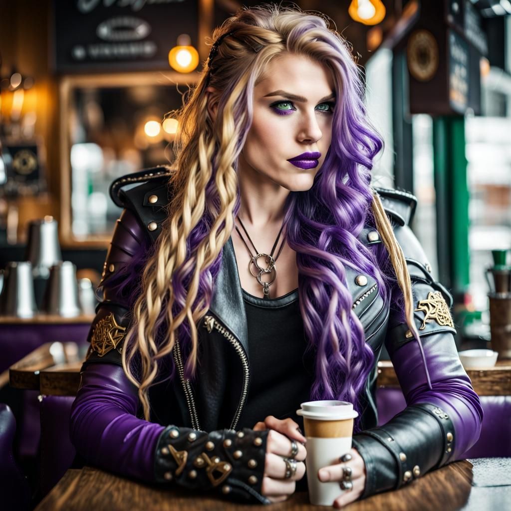 Viking Valkyrie in Biker Outfit Drinking Coffee
