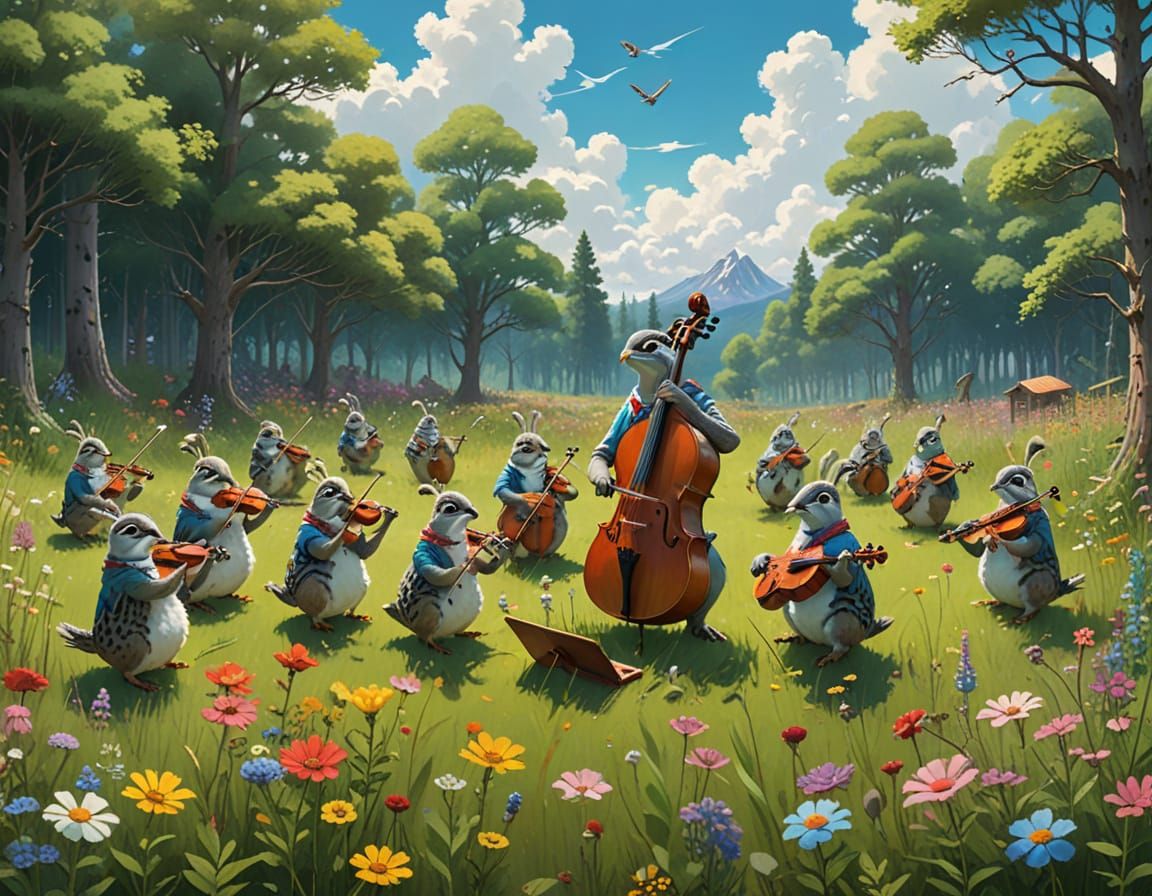 Whimsical Quail Orchestra in a Lush Meadow
