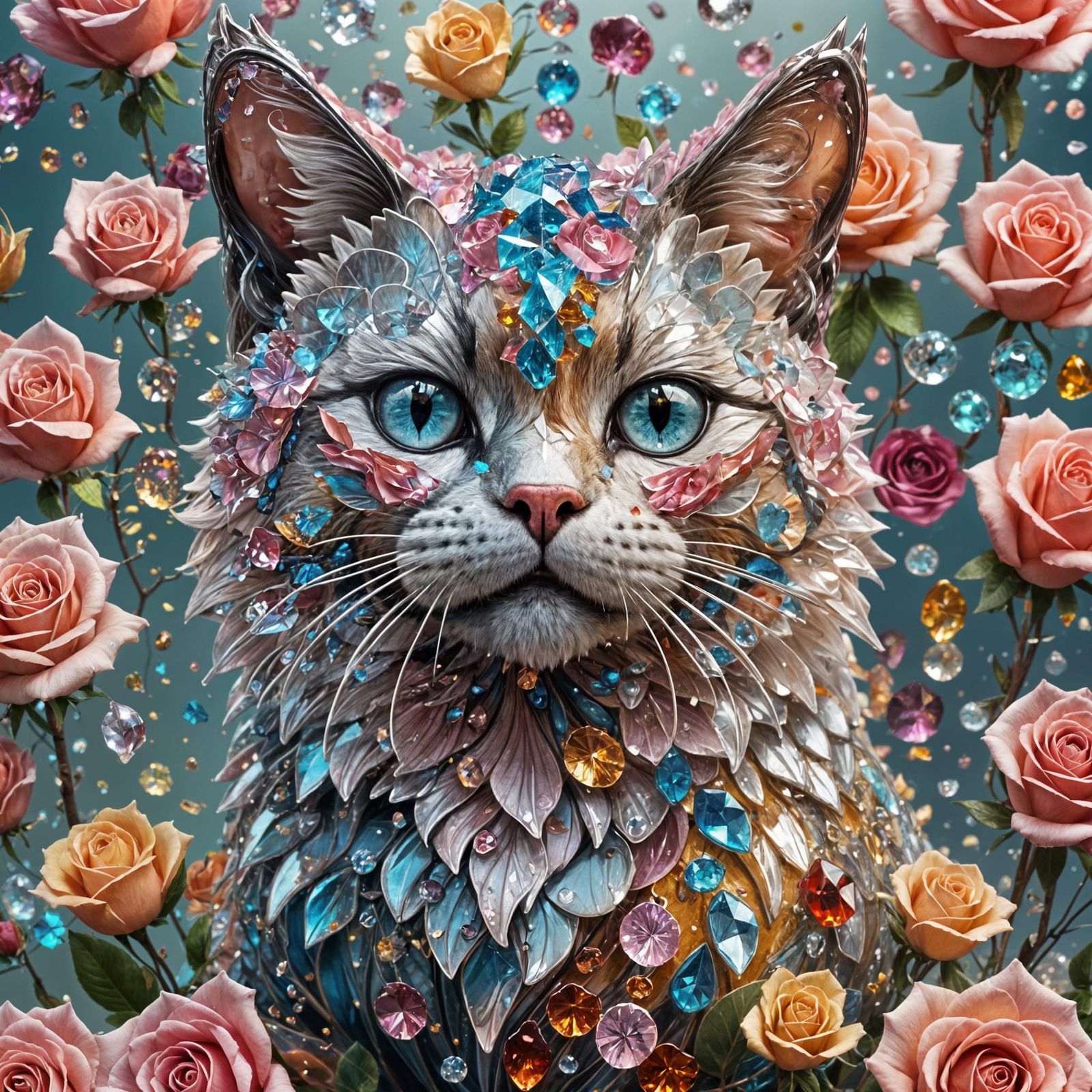 Crystal Cat with Roses, Hyperdetailed Art Nouveau