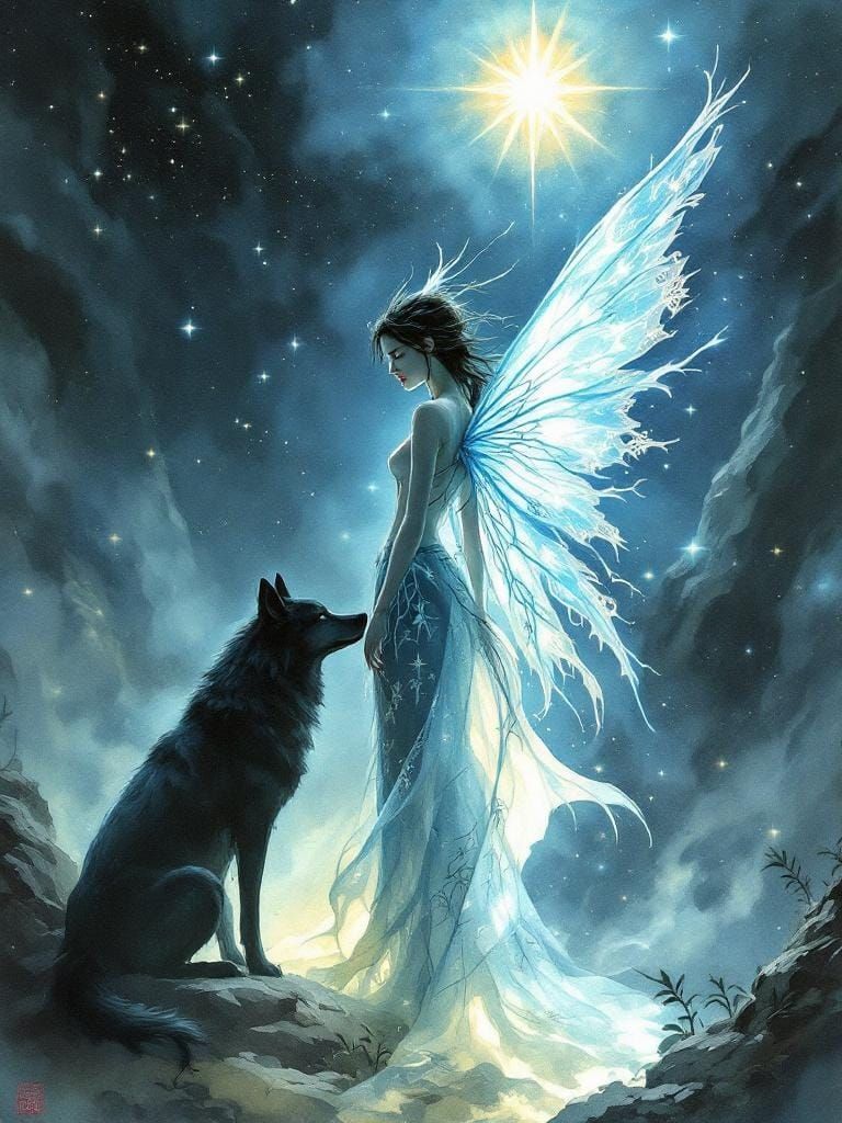 Luminescent Fairy and Black Wolf in Starry Night