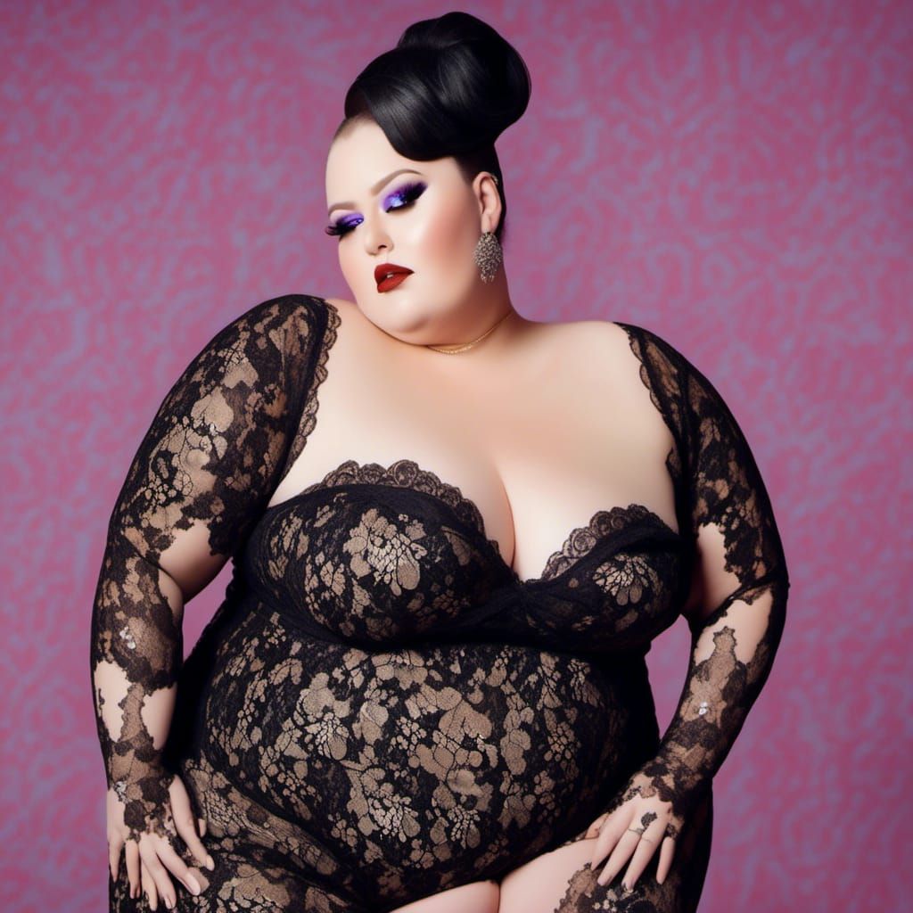 Hyperrealistic Sad Plus-Size Woman in Lace Catsuit