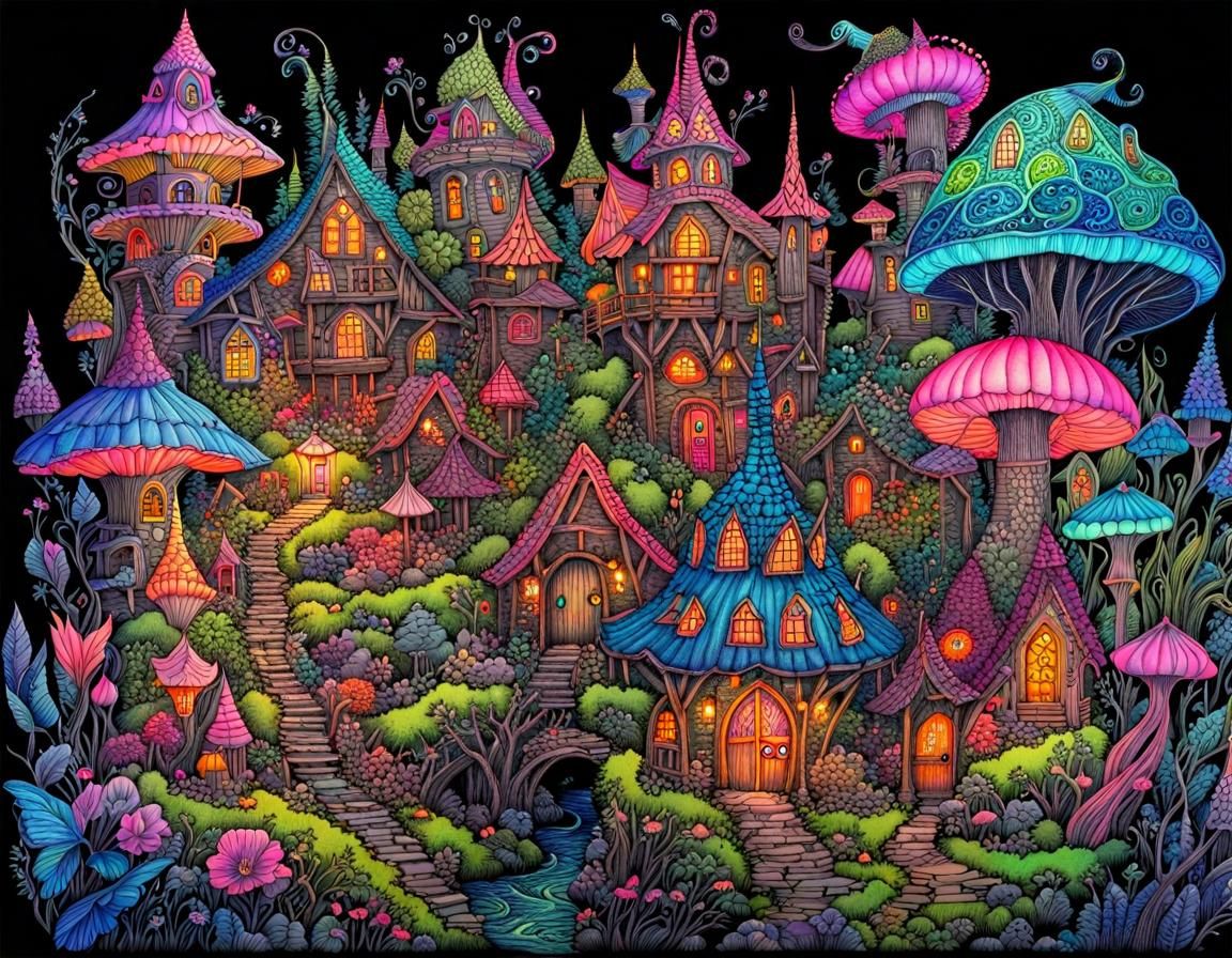 fantasy faerie village in a blacklight neon fantasy world