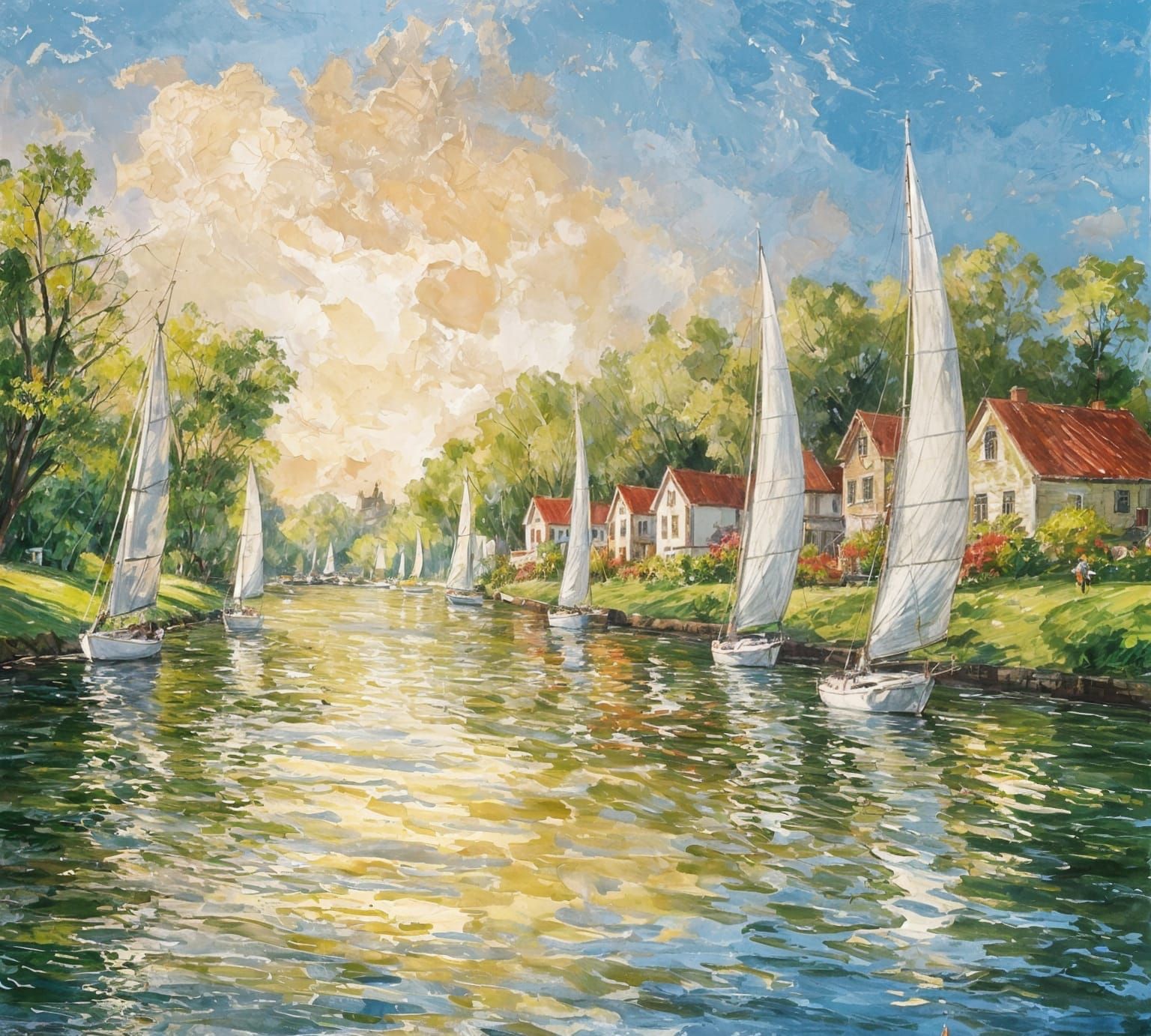 Impressionist Riverscape with Sailboats and Lush Greenery