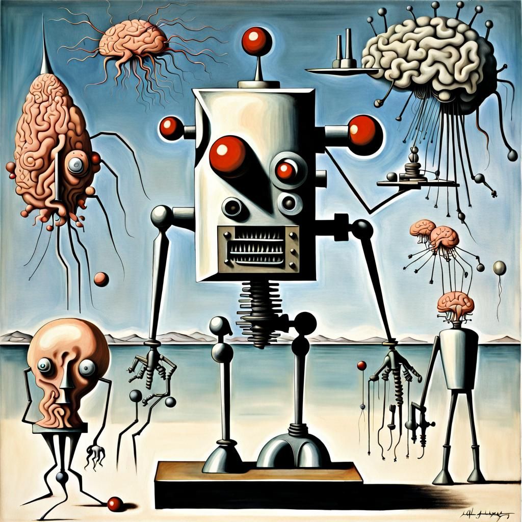Surreal Brain Beach Landscape With Robot Juggler