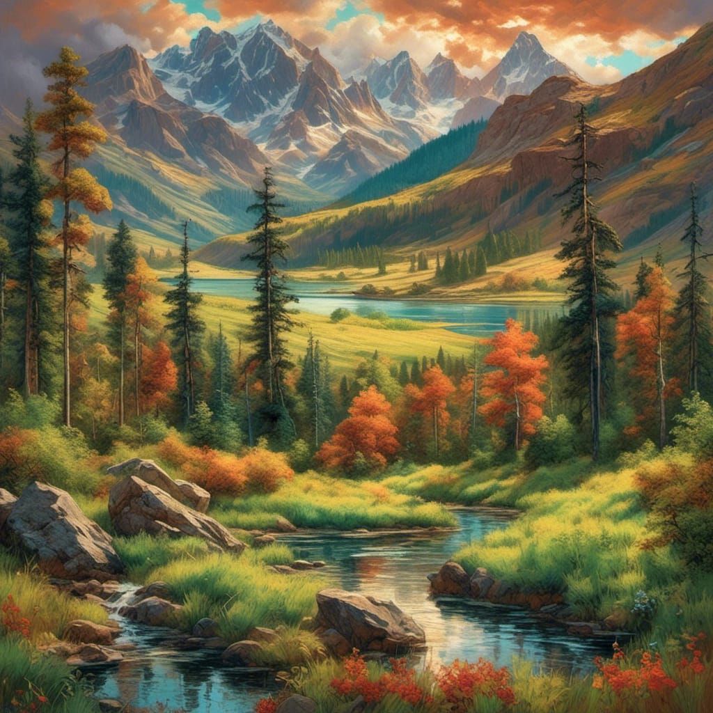 Luminous Landscape Painting with Rolling Hills and Lake