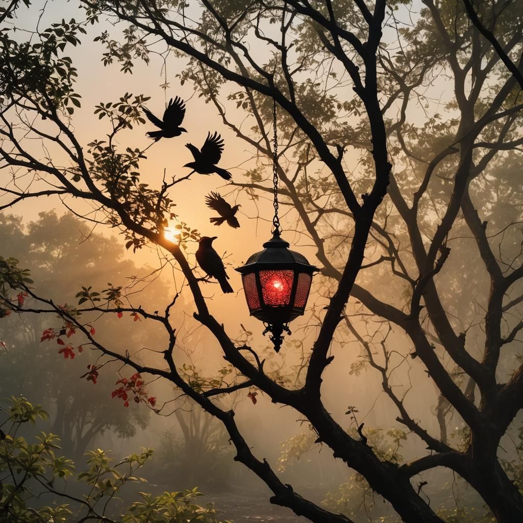 Paradise Lamp and Crow at Sunrise