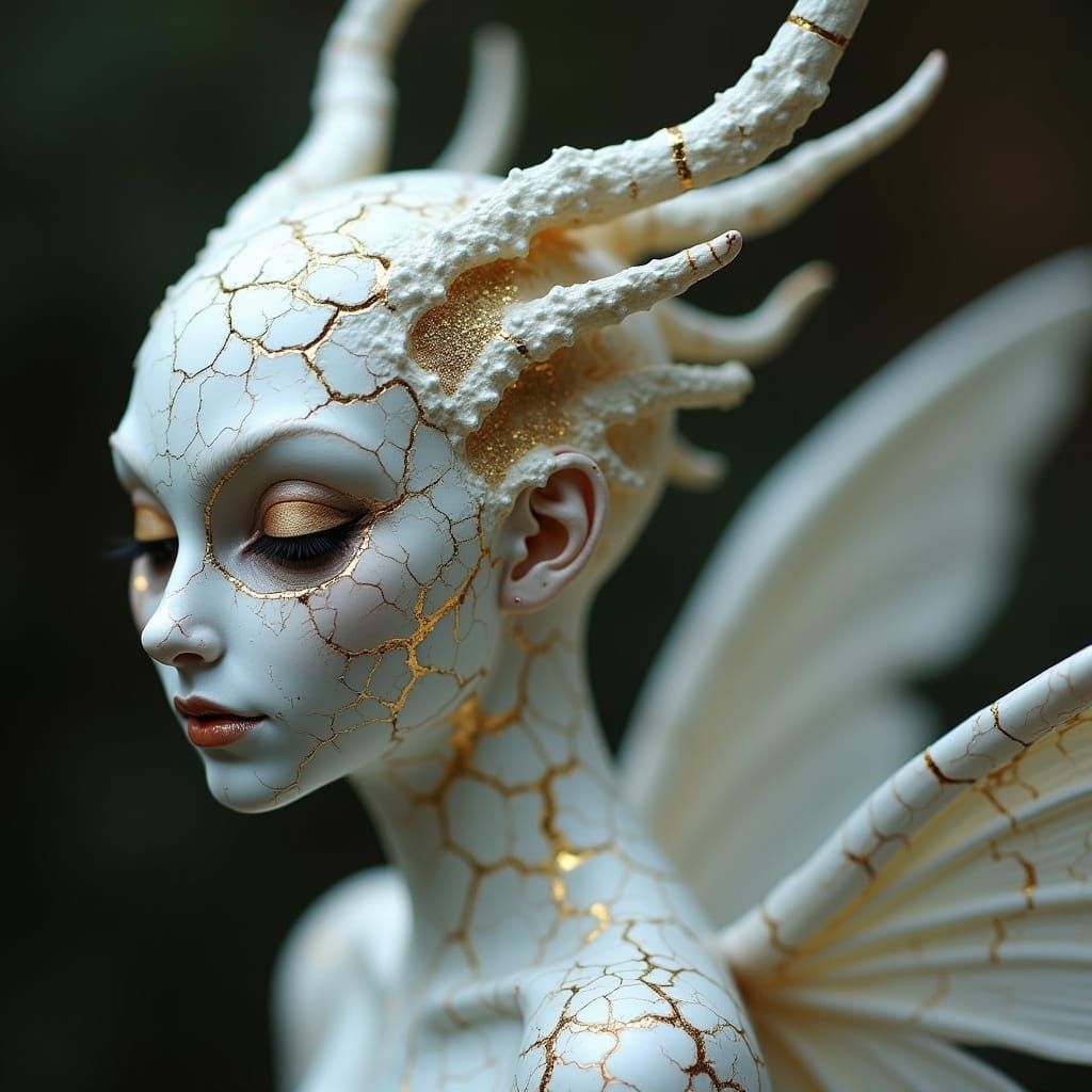 Scary Beautiful Cracked Porcelain Fairy in Dark Fantasy