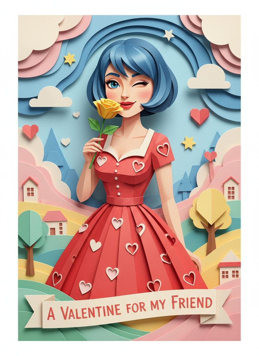 Mischievous Woman Smells Friendship Rose in Papercraft Style