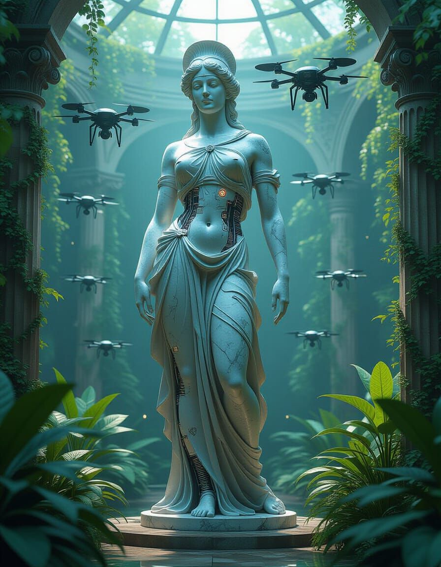 Biomechanical Venus de Milo in a Futuristic Garden