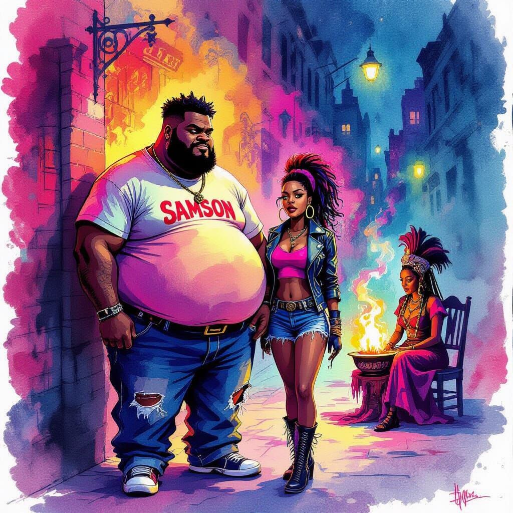 Surreal Harlem Scene with Samson T-Shirt Man