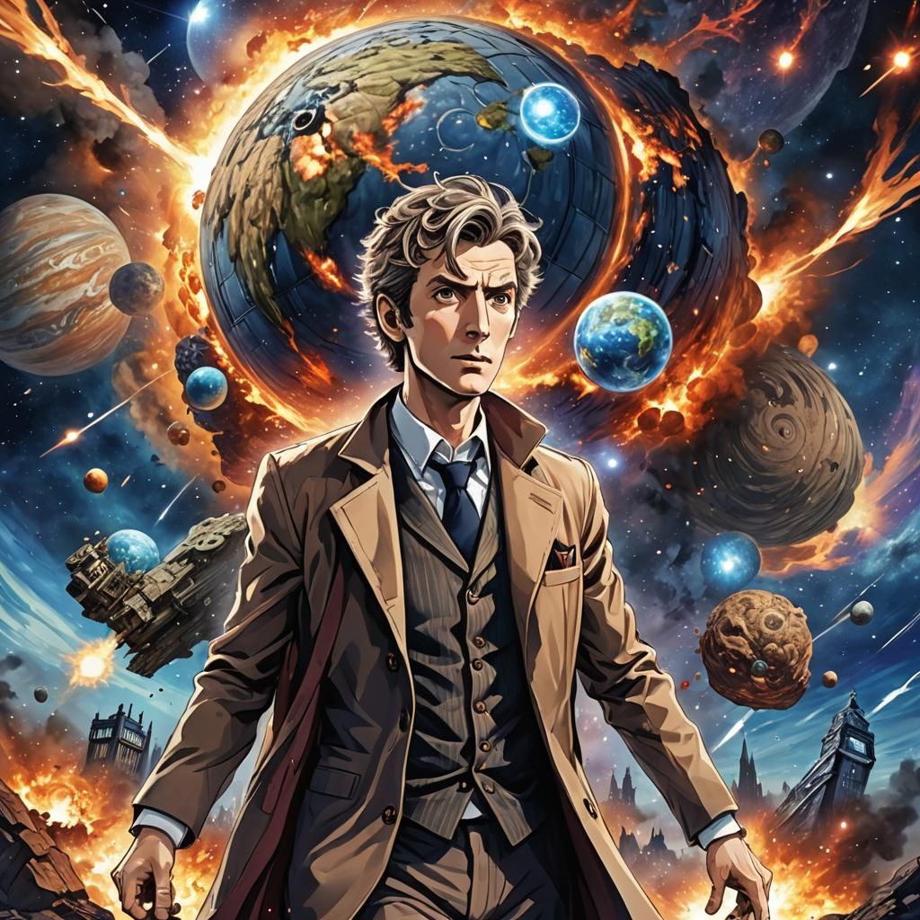 Doctor Who and Exploding Planet in Anime Style