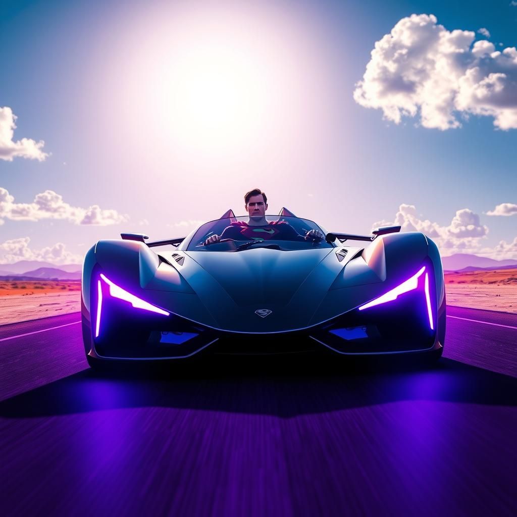 Superman Drives Futuristic Car in High-Tech Setting